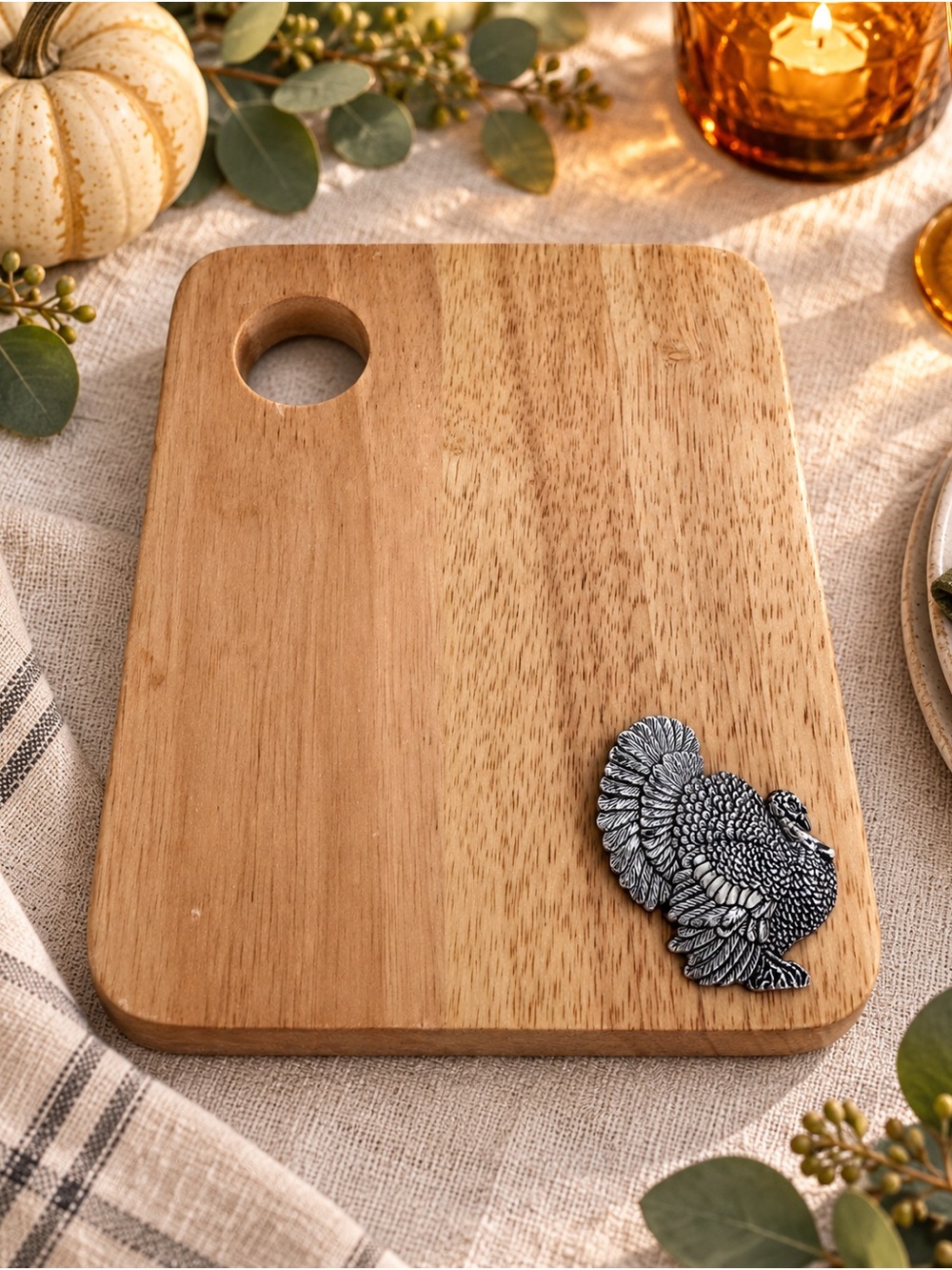 Thanksgiving Turkey Wood Cheese Cutting Board Silver Tone Farmhouse Charcuterie